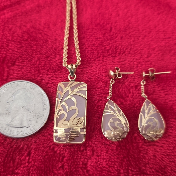 Jewelry - 14k Solid Gold Jade Swan Necklace and Earrings Set